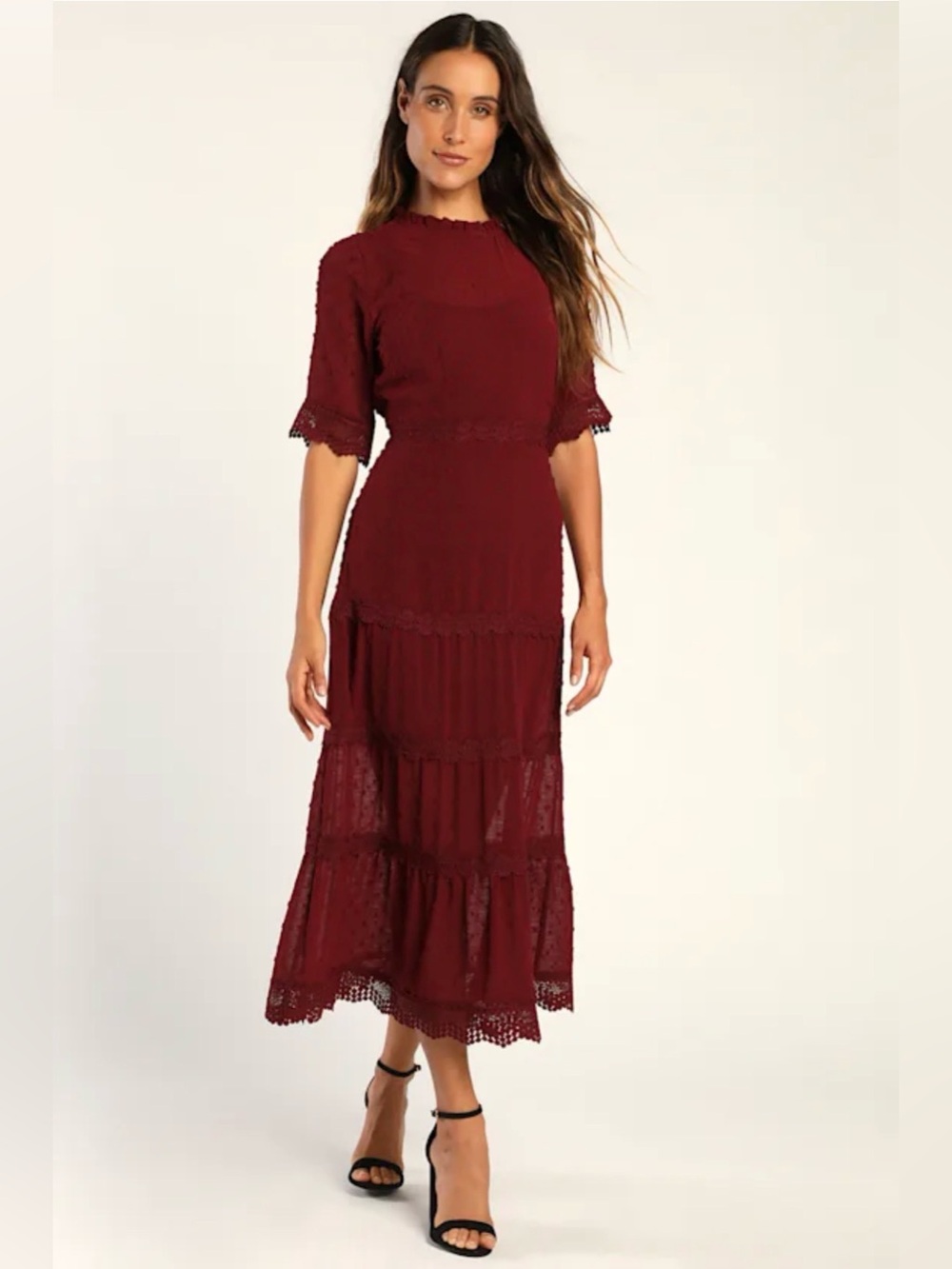 Lulus Dreaming of You Wine Red Swiss Dot Midi Dress Sz M NWT Tiered Sheer